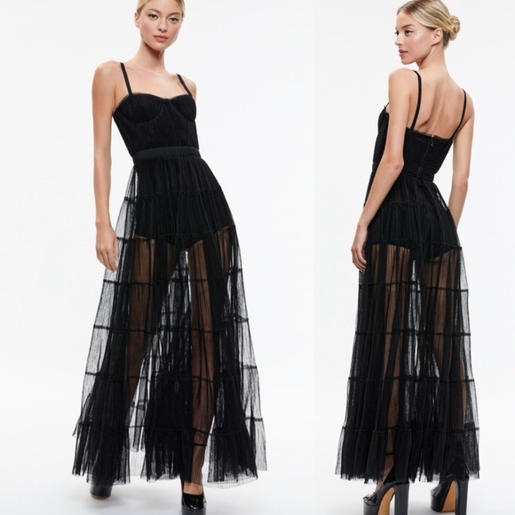 NWT Alice + Olivia Deena Pleated Maxi Dress with Hot Pants‎ Size 2 Black - Picture 1 of 16
